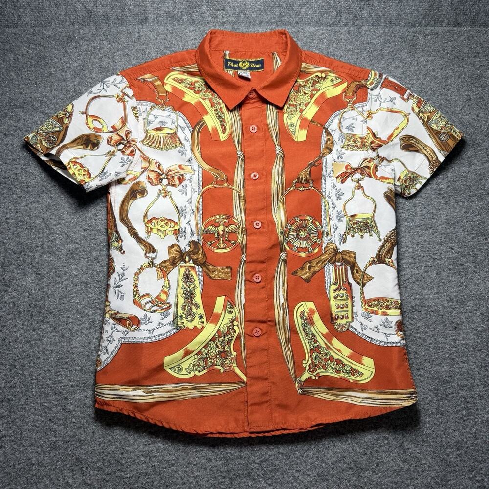 Vintage 90s Y2K All Over Print Orange Phat Farm Button Up Shirt Boys Size L